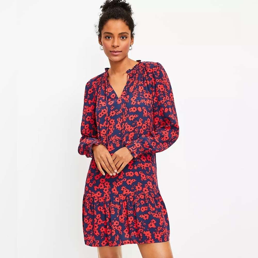 Loft Floral Tie Neck Flounce Dress Size Medium